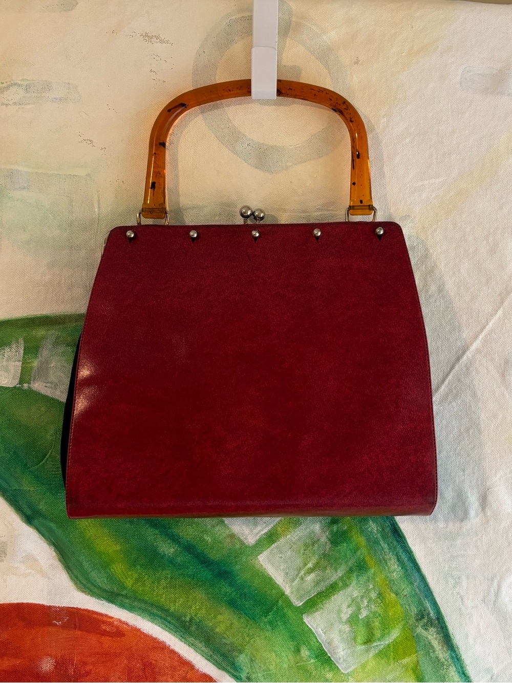 Vintage Red Top-Handle Women's Kisslock Bag with Amber Handle